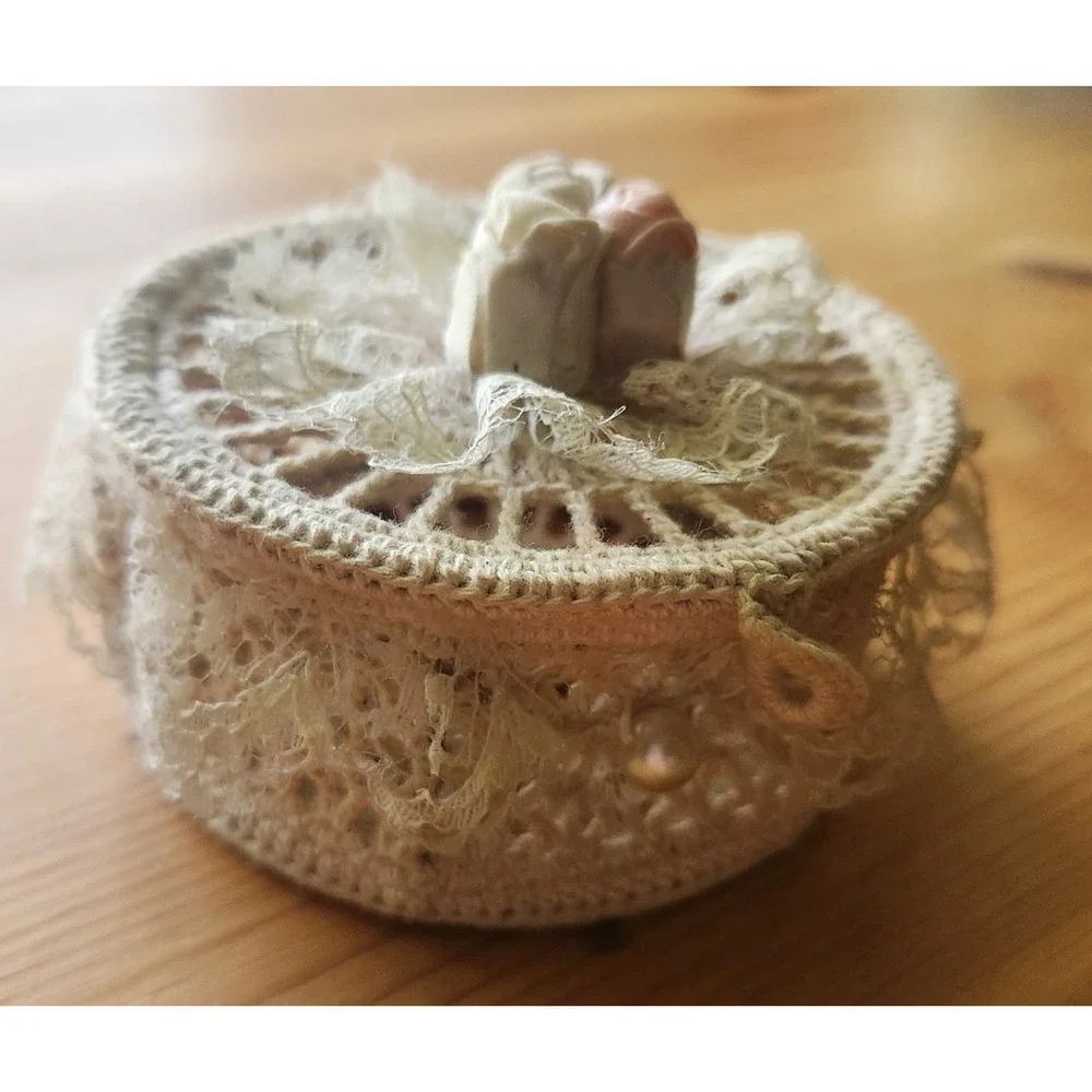 Vintage Lace Trinket Box with Porcelain Rose Lid – Shabby Chic Vanity Decor